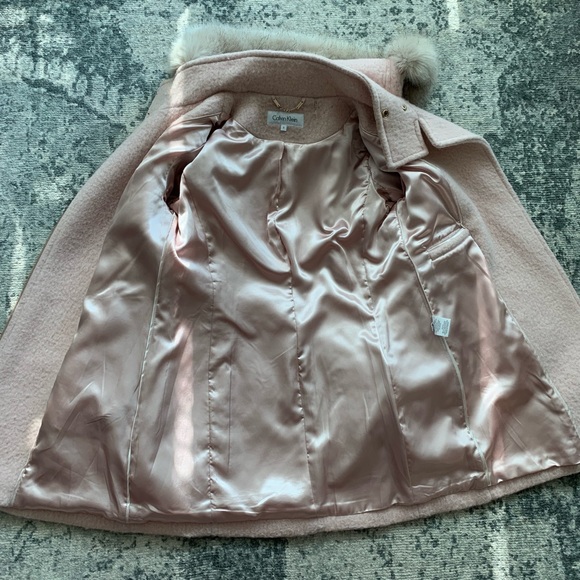 Calvin Klein Faux-Fur-Trim Asymmetrical Wool Coat – Blush Pink, Size S - Picture 5 of 8